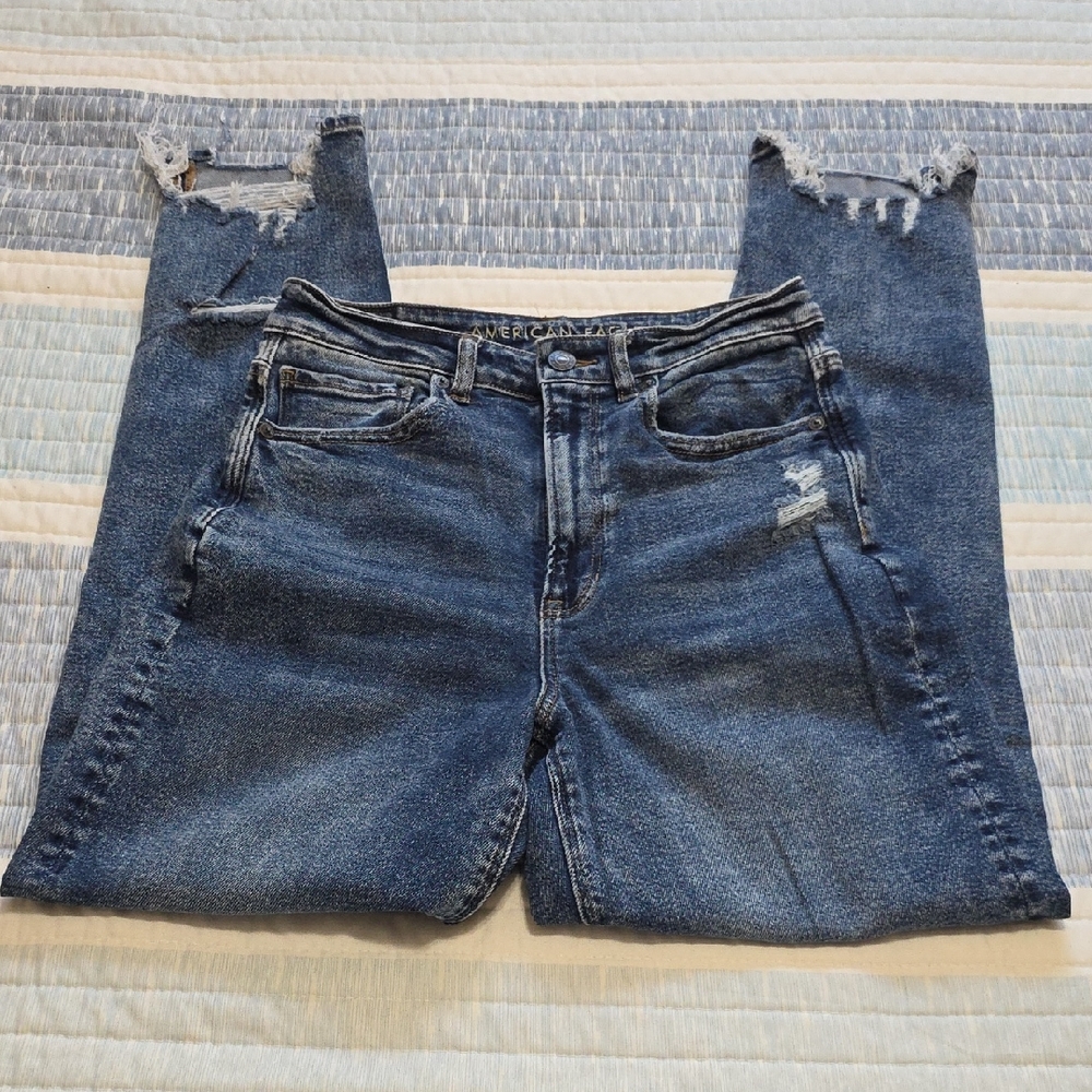 American Eagle Outfitters Dark Blue Straight Leg Ripped Jeans